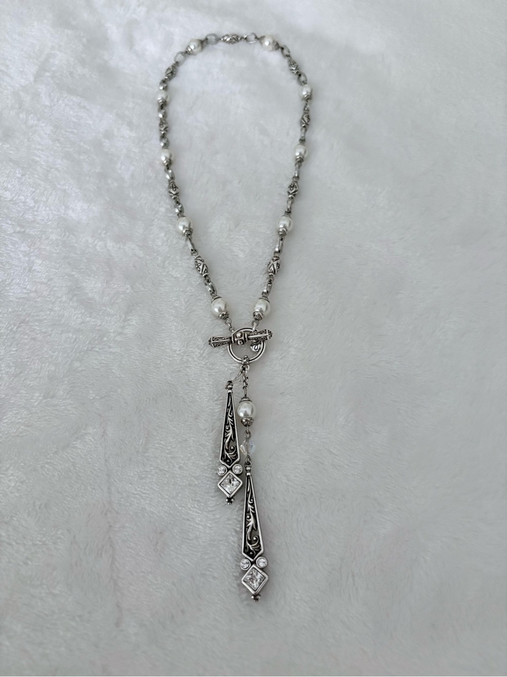 Authentic Brighton Zoe Silver Plated Toggle Necklace with Faux Pearls & Crystals